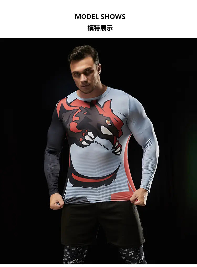 A muscular man wearing a long-sleeved compression basketball shirt with a bold red and black dragon print and gray and white striped side panels.