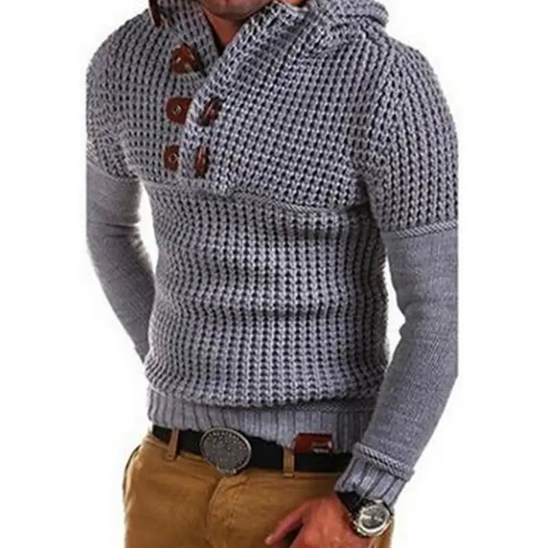 Herren-Waffelstrick-Kapuzenpullover in Grau aus grauem Strickstoff mit einem strukturierten Muster und braunen Ledernknöpfen.