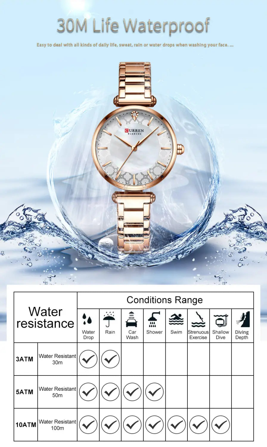 Rose gold-toned carrera London watch with a white dial and delicate diamond-like embellishments on the bezel, featured as part of the Curren women luxury thin quartz watch blue ceramic collection.