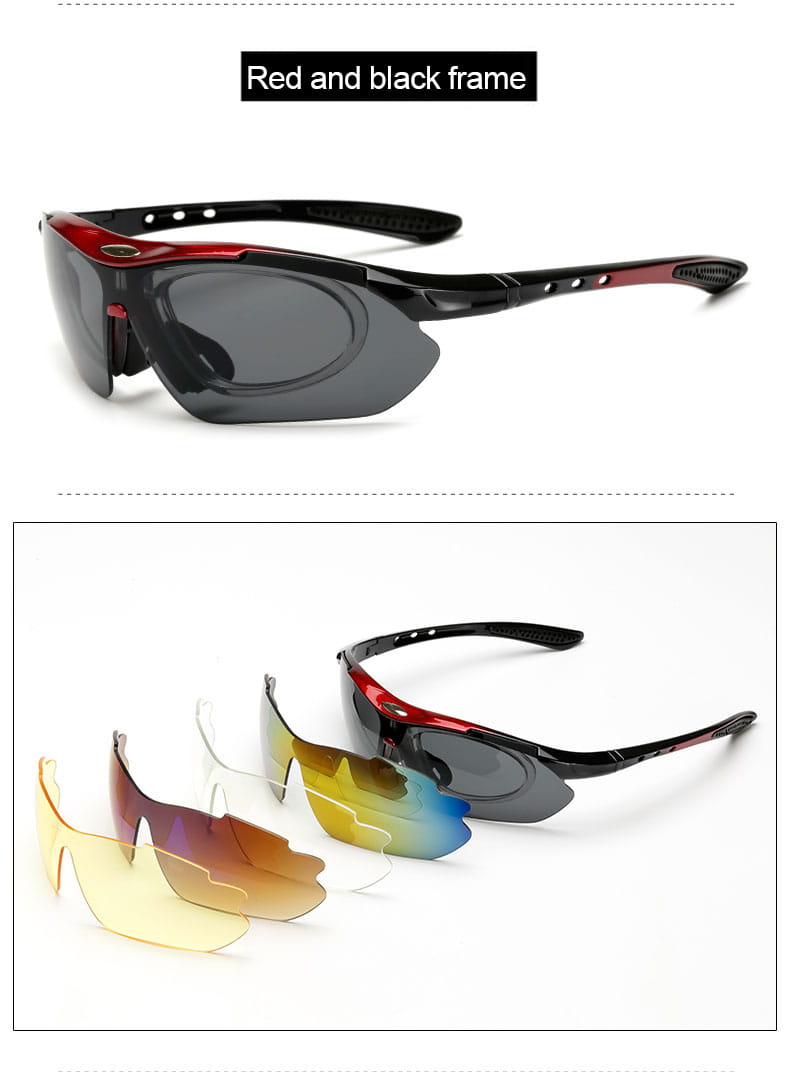 Lunettes de cyclisme rouges et noires avec des verres interchangeables conçues pour l’utilisation en équipement sportif.