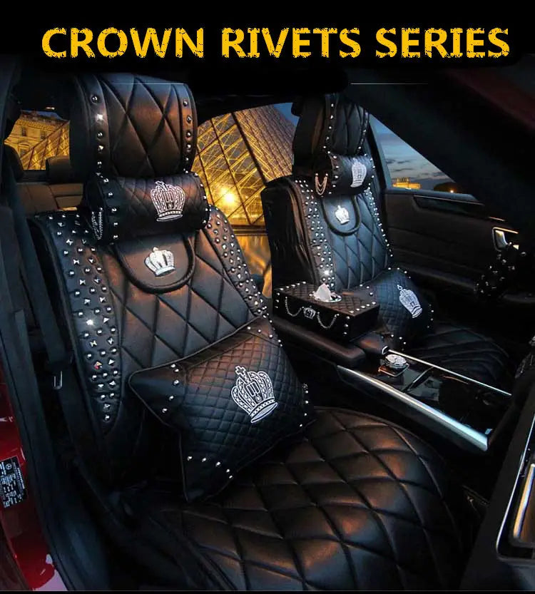 Black quilted leather car seat covers with silver crown embroidery and studded details from the crown rivets series, part of the Crown Leather Car Steering Wheel Cover Set.