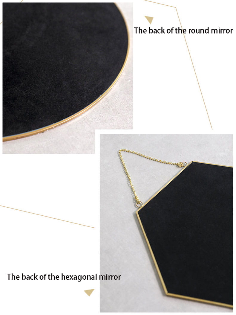 Gold hexagonal wall hanging mirror featuring a black velvet mirror with a gold-toned metallic frame and hanging chain.