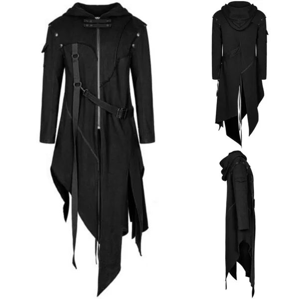 SHUJIN Men Gothic Style Hip Hop Trench Coat Hooded Cloak Men's Irregular Design Long Cardigan Street Punk Vintage Jackets