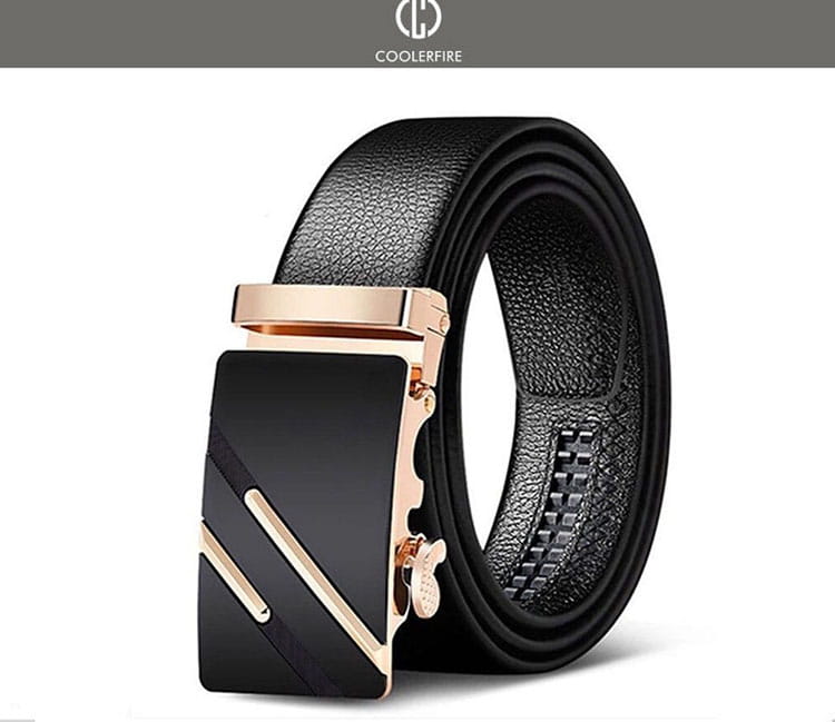 Men automatic leather belt in black leather with a sleek rose gold-toned automatic buckle featuring diagonal metallic stripes