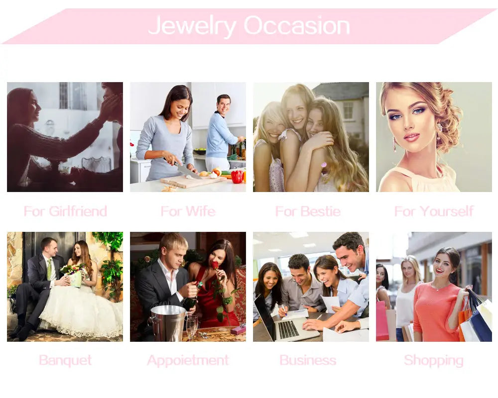 pink jewelry occasion banner featuring lifestyle images and text labels for different gift scenarios showcasing women gold color zircon geometric rings made of stainless steel