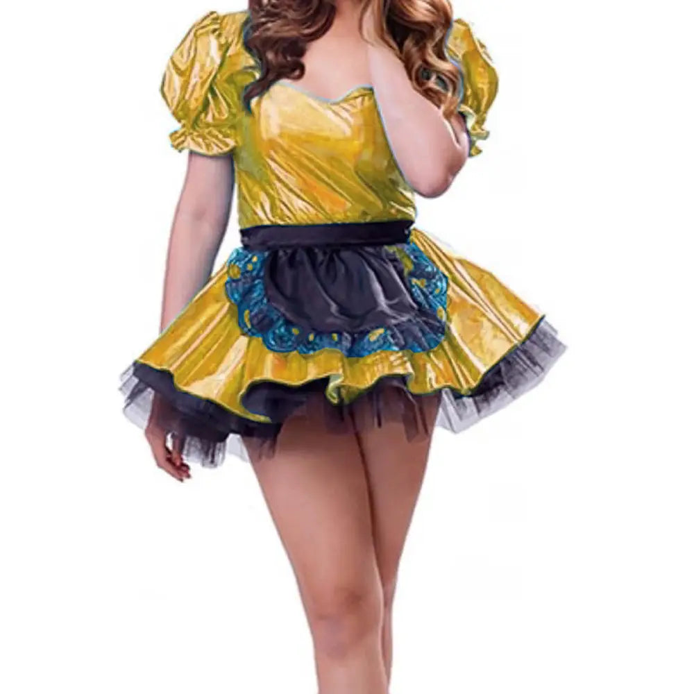 Puffärmel-Maid-Cosplay-Kleid in Übergröße mit einem schimmernden goldfarbenen Paillettenstoff, schwarzem Spitzensaum und einem blauen gestickten Schürzendetail