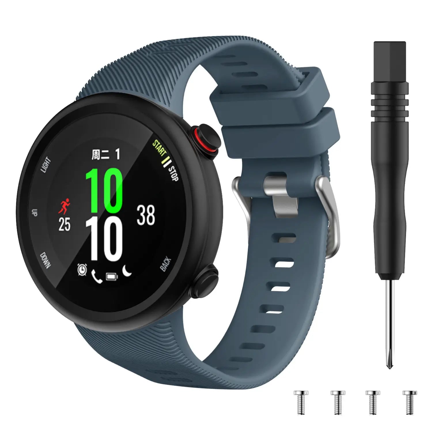 Una correa de silicona azul marino elegante para Garmin Forerunner y Garmin Swim, con superficie texturizada y hebilla metálica de tono plateado, que representa alta calidad.