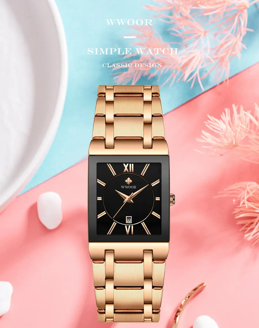 Gold-toned rectangular Wwoor Blue Square women watch with a black dial, roman numeral hour markers, and a luxury stainless steel metal bracelet.