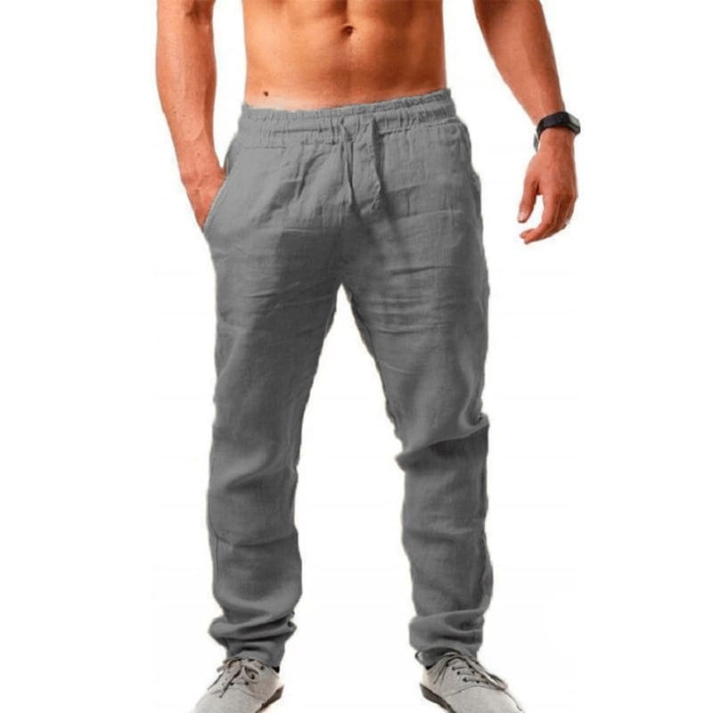 Gray cotton linen casual joggers with an elastic waistband and drawstring for men.