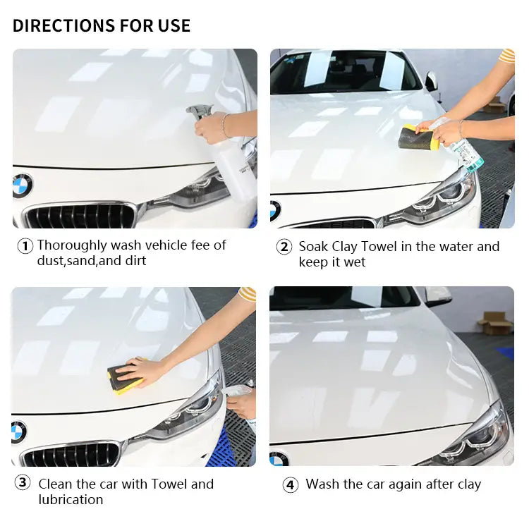 白いマイクロファイバーカーくれい用ディテーリングクロスで清掃されている白いBMWのボンネット。コンタミネーション除去に使用している様子を示しています。