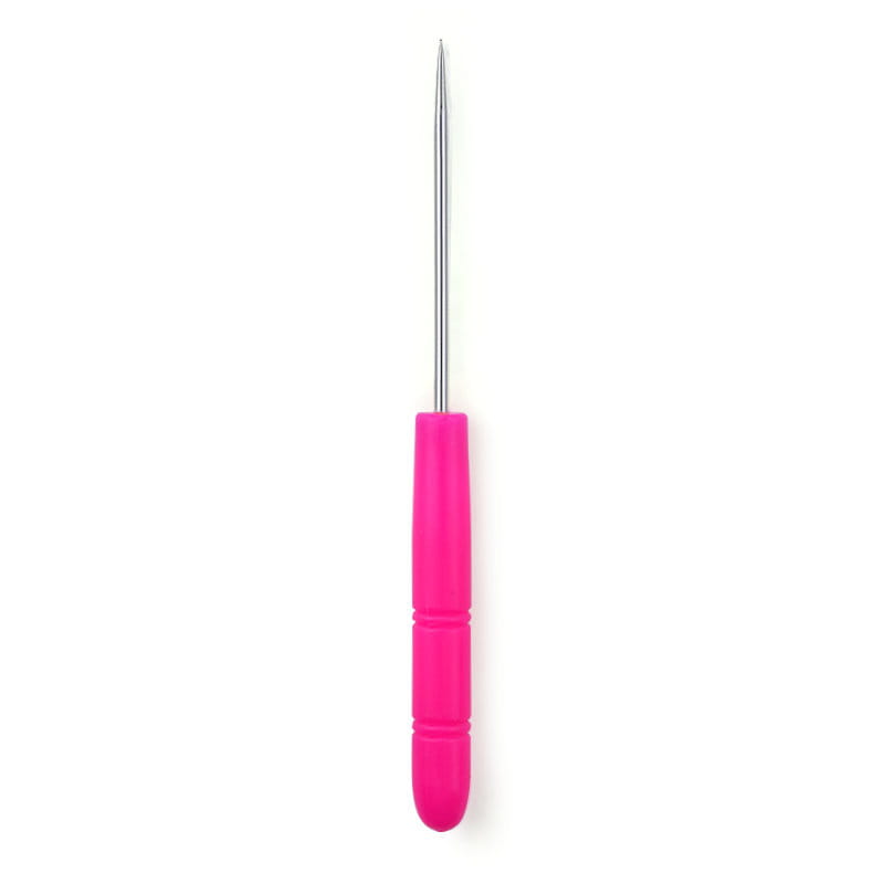 A bright pink plastic-handled beading awl tool with a slender stainless steel needle for jewelry making.