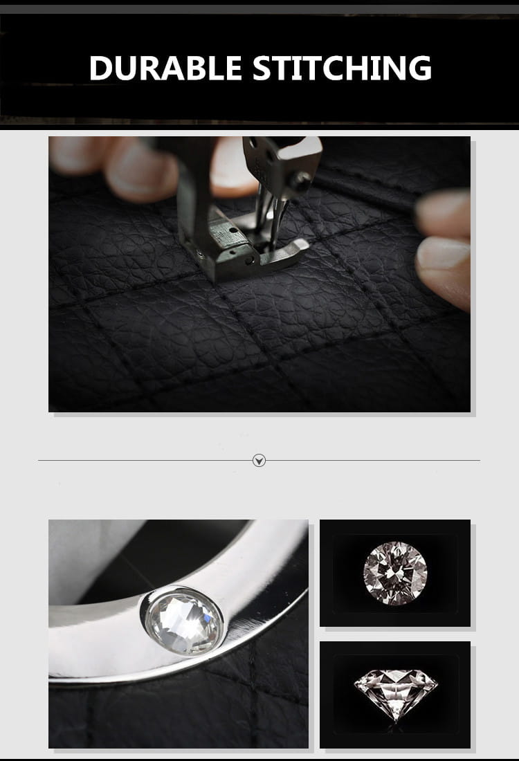Black quilted leather Crown leather car steering wheel cover set with silver-toned metal hardware and a clear faceted gemstone accent.