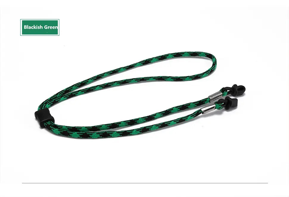 Blackish green braided eyeglass strap with black plastic earpieces and metal connectors for a non-slip sports cord eyewear strap 10 pack.