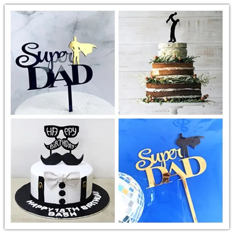 Gold acrylic super dad cake topper featuring a superhero silhouette designed for Father’s Day celebrations