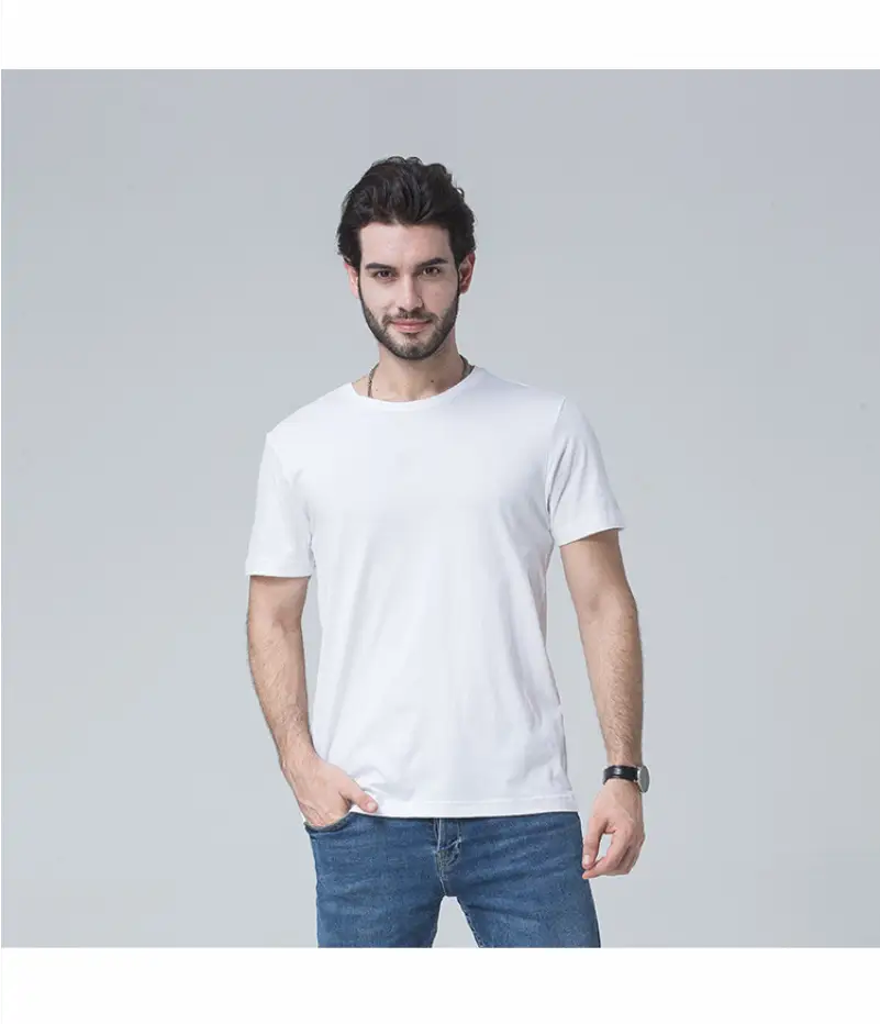 White crew-neck cotton t shirt men customized with personalized design featuring a size chart for accurate fitting.
