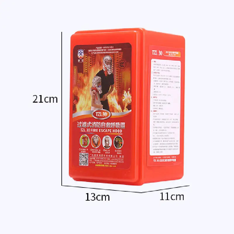 Bright red rectangular metal box containing a tzz 30 fire escape hood designed as a 30 minute protective respirator fire escape mask.