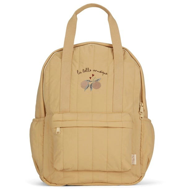 Beiger gesteppten, wasserfesten Kinder-Rucksack mit besticktem Text „la belle musique“ und floralem Design auf der Vorderseite, geeignet für den Schulgebrauch.