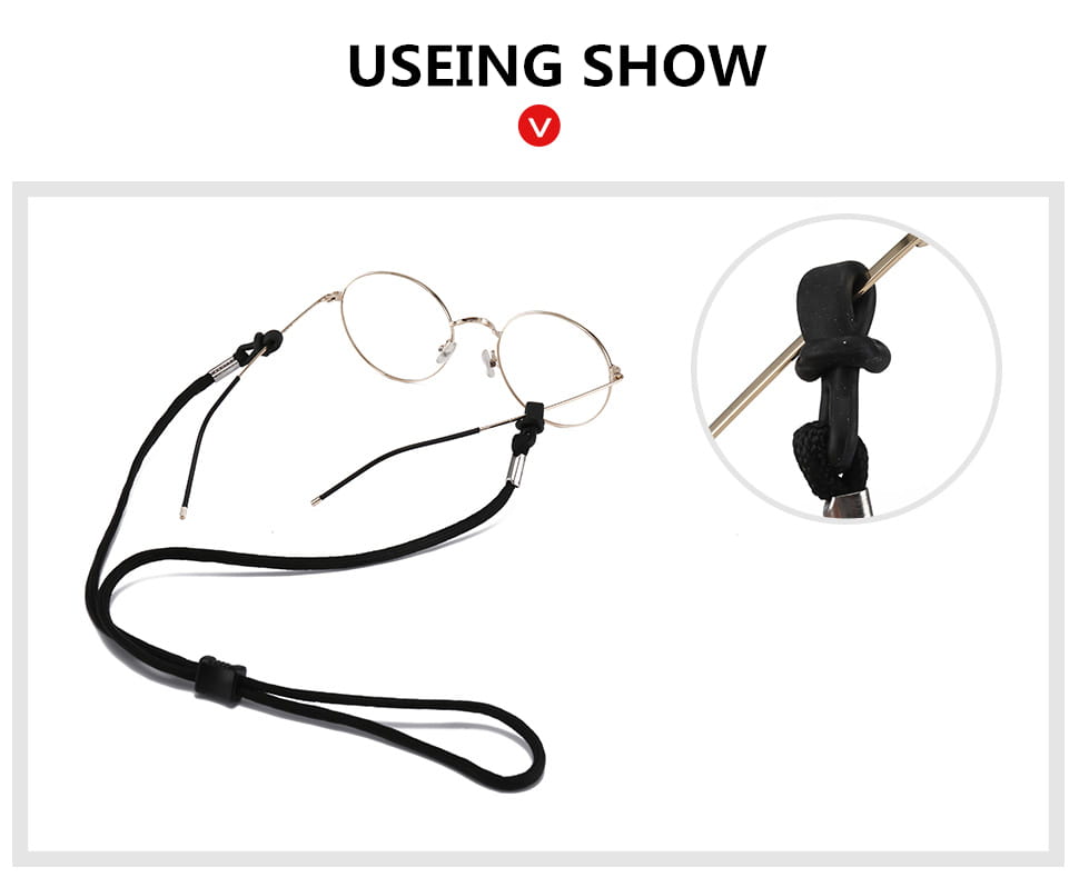 black fabric eyewear strap with metal clasps and adjustable knot design for non-slip sports use shown from the back side