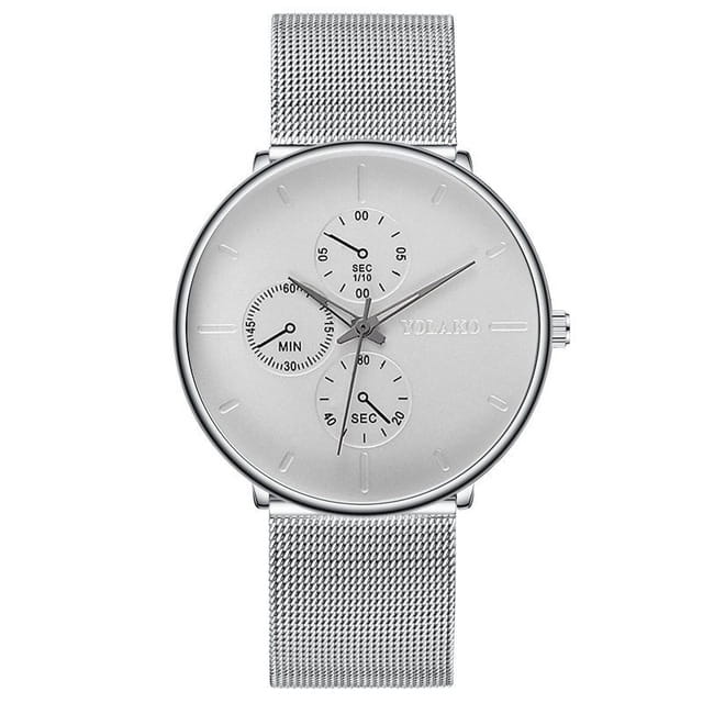 Montre à quartz à maille noire ultrafine pour hommes, avec un bracelet en maille argentée, un cadran blanc et trois sous-cadrans pour les secondes, les minutes et une autre présentation des secondes.