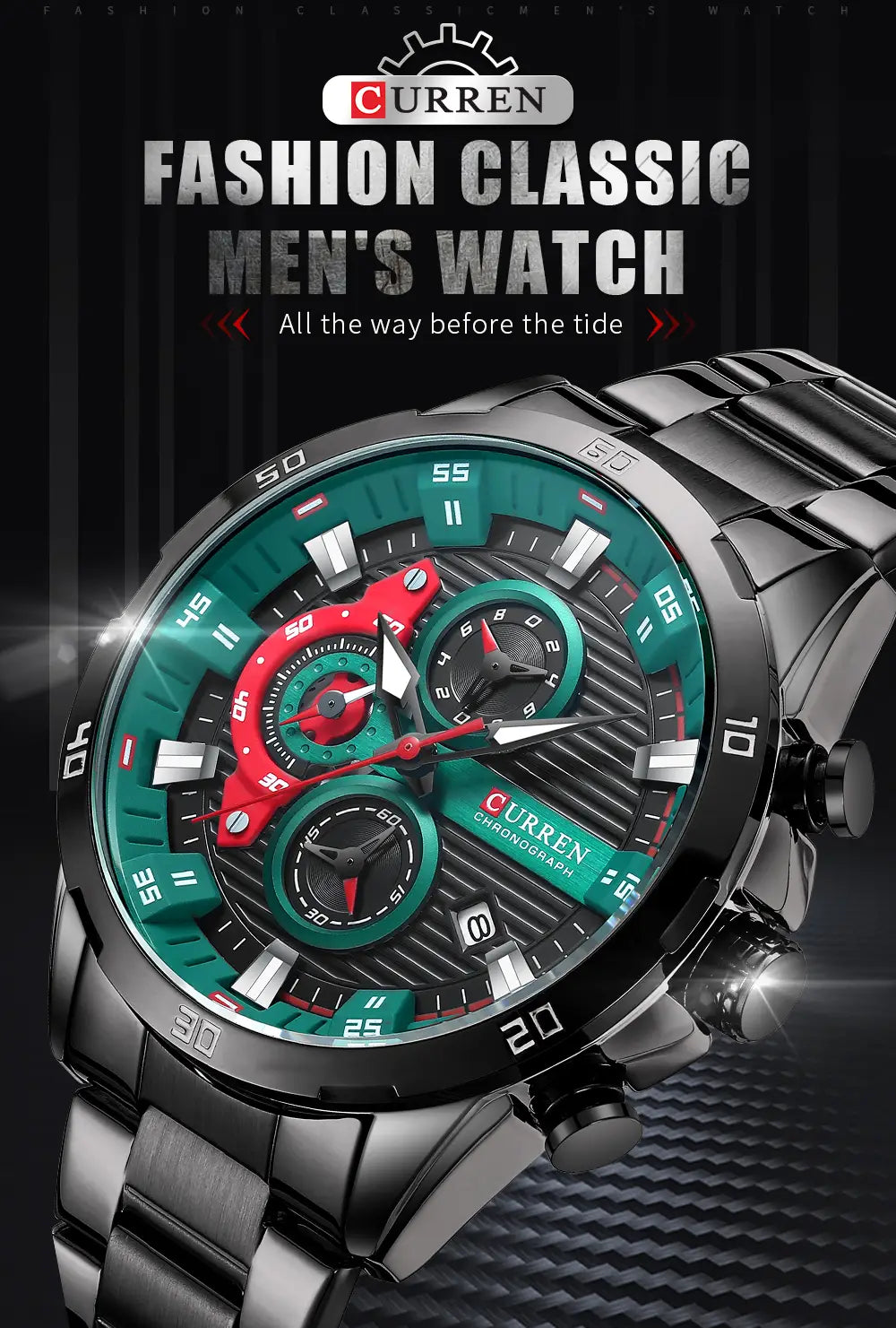 Curren men black green chronograph stainless steel watch with a black stainless steel bracelet, teal and red dial, chronograph subdials, and bold white hour markers.
