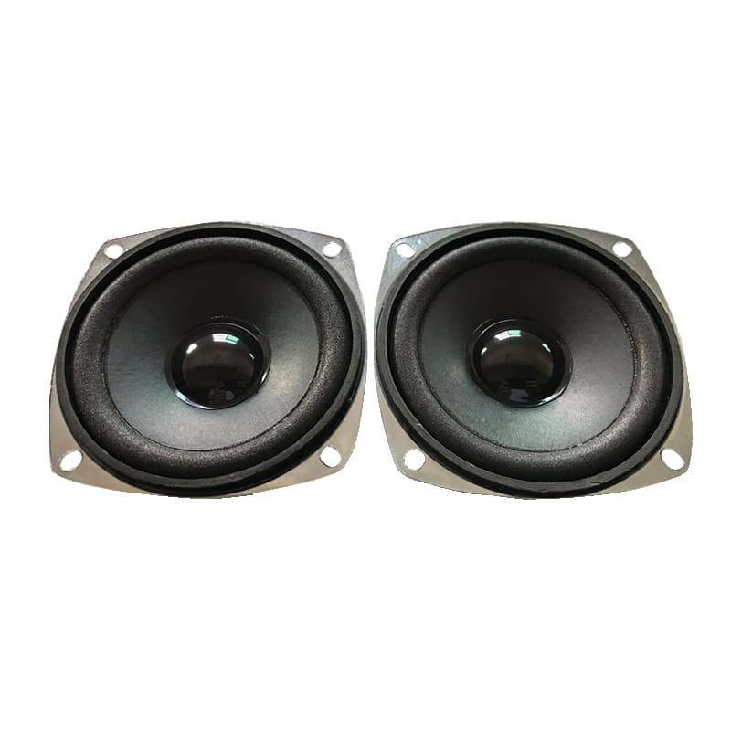 Pair of black 3 inch 5w full range speaker driver units with silver metal frames and circular woofers.