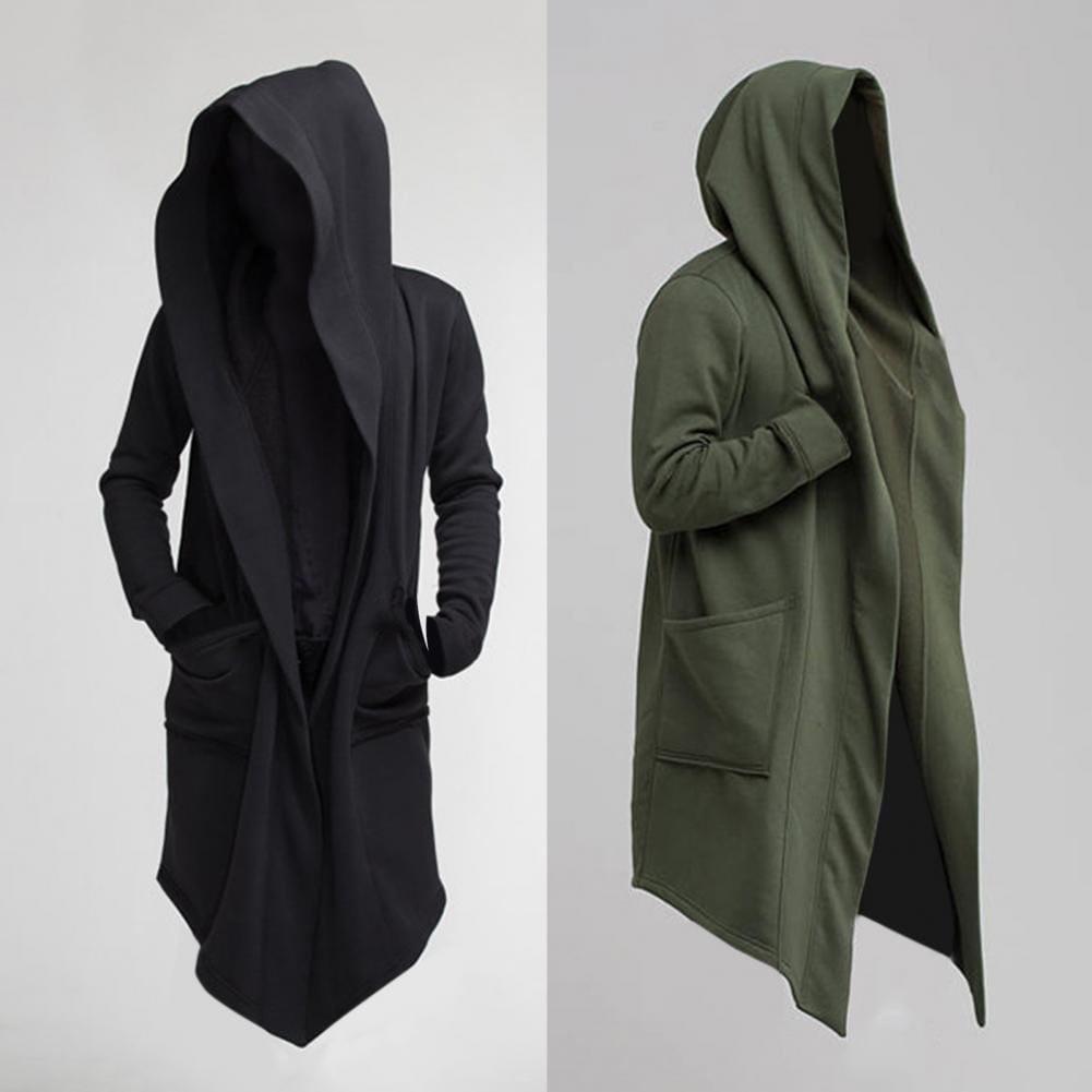 Capa larga gótica con capucha para hombre en negro y verde oliva, con ajuste relajado y bolsillos delanteros.