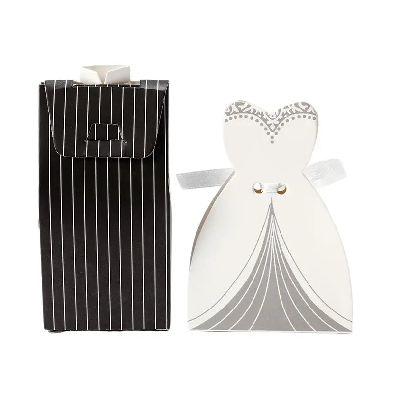 White wedding dress-shaped gift box with silver lace detailing and ribbon ties for bride and groom wedding favor candy boxes 30 pcs.