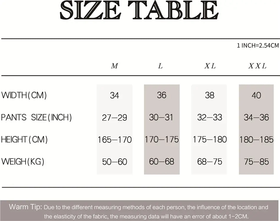 Tabla de tallas para boxer briefs para hombre transpirables, atléticos y de dormir, en la que se muestran las medidas de los pantalones en centímetros y pulgadas para las tallas M a XXL.