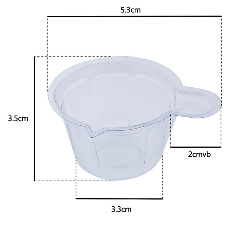 Transparent plastic measuring cup with small handle and molded ridges for epoxy resin mixing tool set for DIY jewelry making.