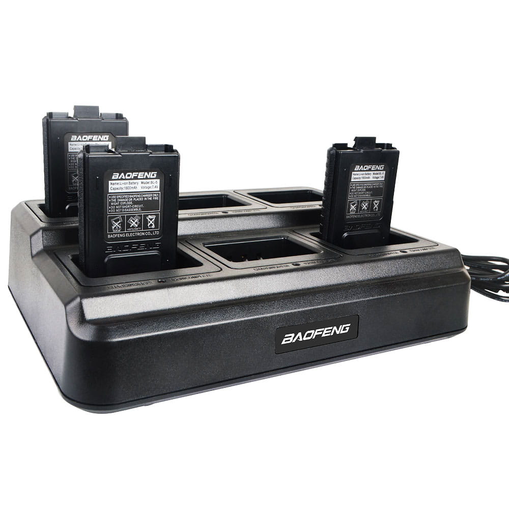black baofeng bl-5x6 six way rapid walkie talkie charger with three uv-5r model batteries inserted for efficient charging
