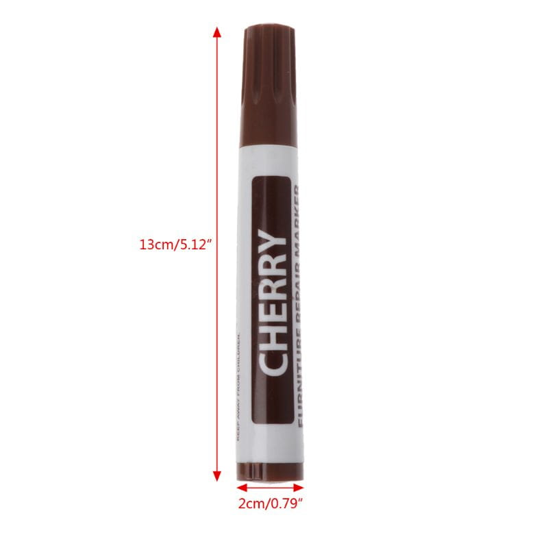 brown-chip furniture repair marker with a white barrel and brown cap branded cherry included in a furniture repair marker set with wax sticks.