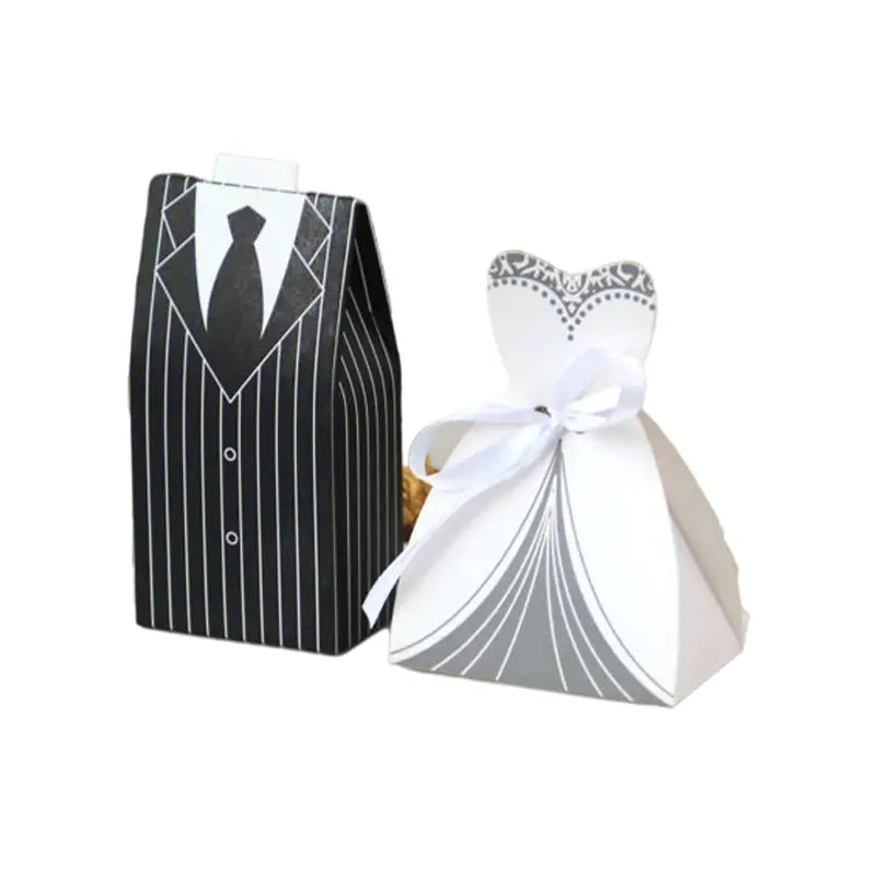 Black and white pinstripe paper wedding favor box shaped like a tuxedo for bride and groom wedding favor candy boxes 30 pcs.