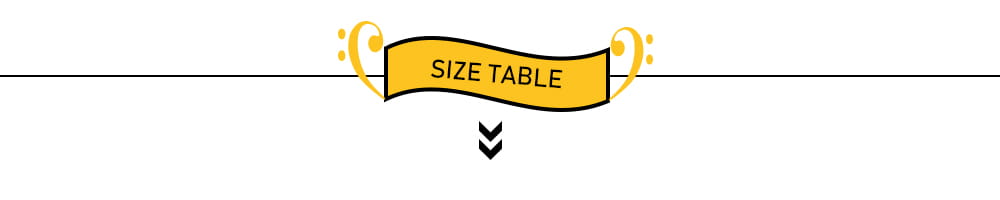 Bannière jaune avec un texte noir indiquant le tableau des tailles et des volutes décoratives, pour des jeans skinny déchirés slim hip-hop pour hommes, brodés.