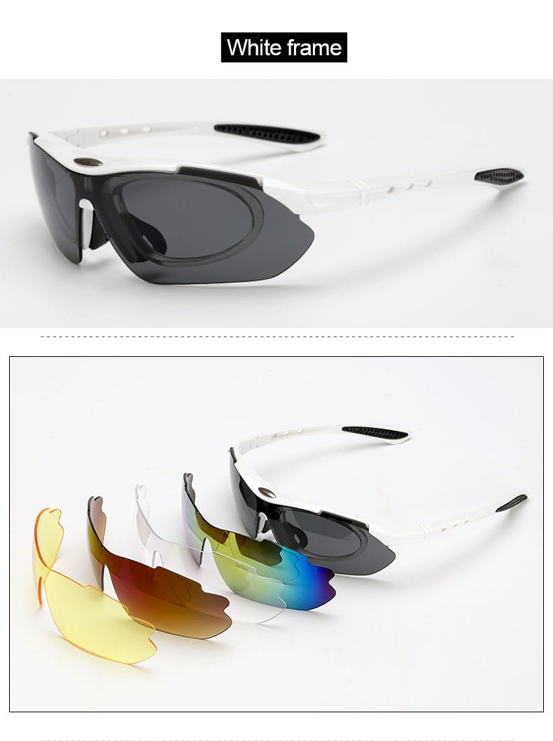 Lunettes de cyclisme à monture blanche avec verres interchangeables jaune, ambre, transparent et bleu irisé, conçues pour l’utilisation en équipement sportif.
