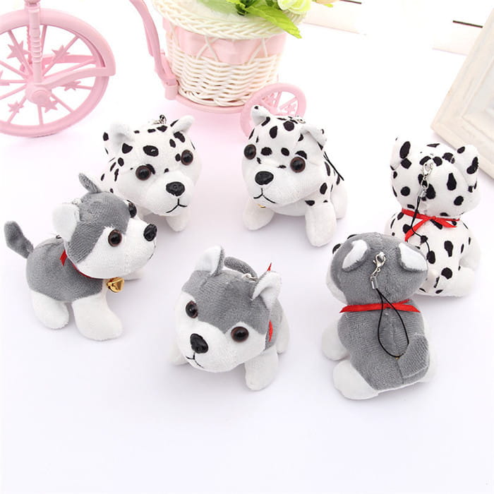 plush cat keychain cute gray kitten bag charm toy featuring adorable soft gray and white plush dog keychains with black spots red collars and metallic hardware.