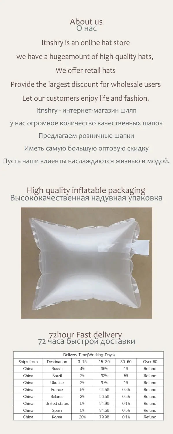 Emballage transparent en plastique gonflable avec étiquette blanche contenant un bonnet en tricot à revers, modèle assorti, chapeau d’hiver décontracté unisexe, mettant en avant les options de service client et d’expédition via China Post.