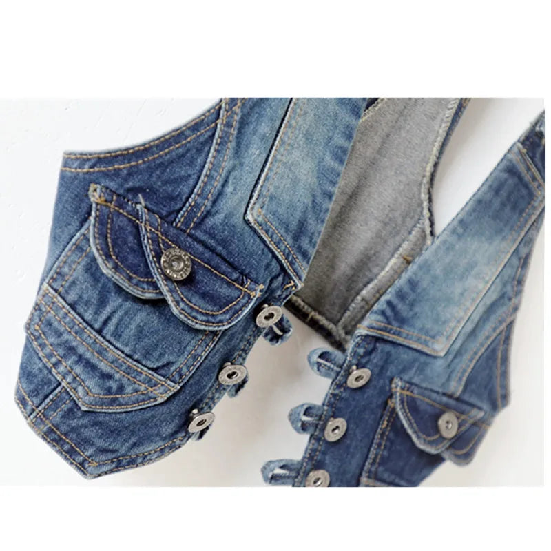 Women Vintage Vest Denim Jacket Cool Outerwear Slim Sleeveless  Casual Jeans Waistcoats Single-breasted Female Short Denim Tops