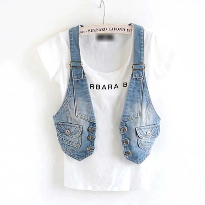 Women Vintage Vest Denim Jacket Cool Outerwear Slim Sleeveless  Casual Jeans Waistcoats Single-breasted Female Short Denim Tops