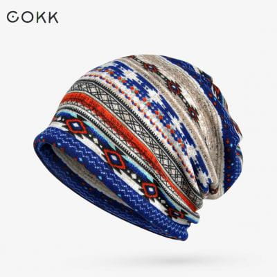 Floral knit beanie hat by Gokk featuring a slouchy knitted design with bold geometric patterns in blue red beige and black suitable for unisex casual autumn headwear.