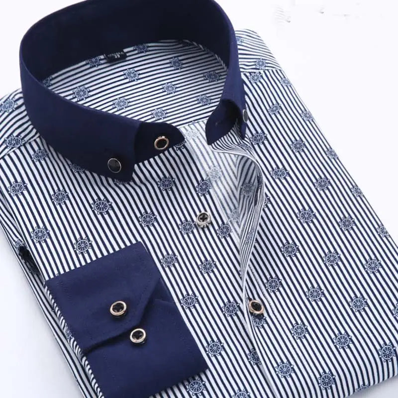 Men floral dress shirt slim fit long sleeve casual navy blue and white striped with subtle ship wheel pattern and solid navy collar and cuff accents.