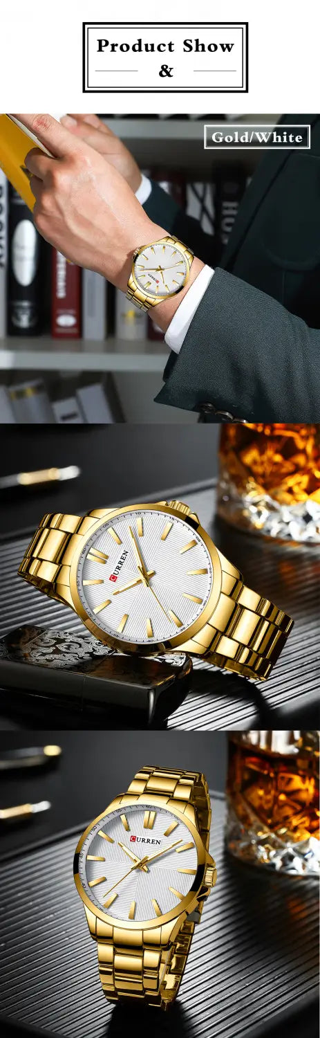 Montre-bracelet pour homme en acier inoxydable à la teinte or, avec cadran blanc et index de couleur or, comportant le logo de la marque Curren sur la lunette.