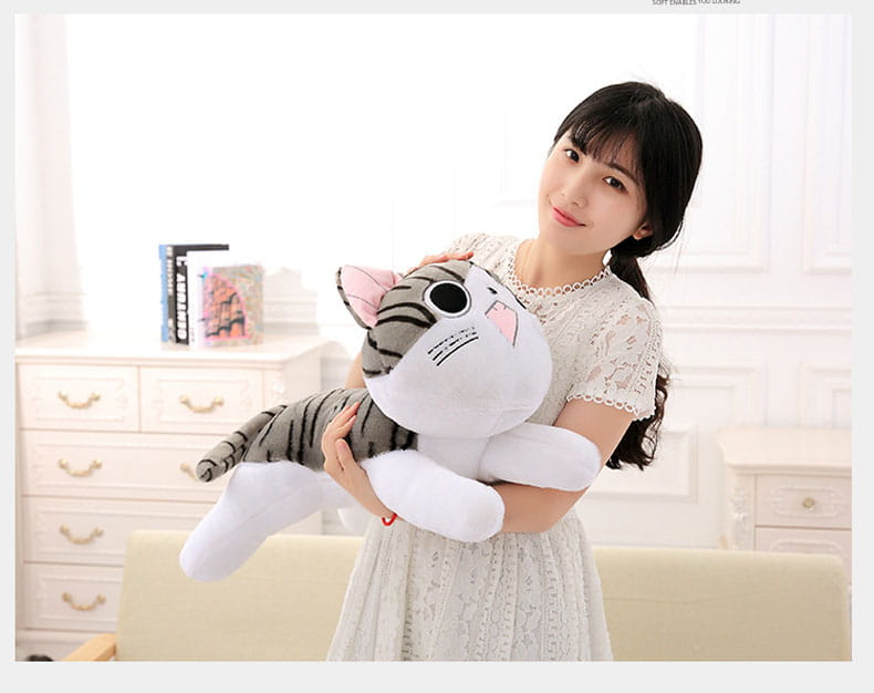 cheese cat soft animal plush toy featuring a soft stuffed body in gray and white stripes with black eyes and pink inner ears suitable as soft animal dolls.