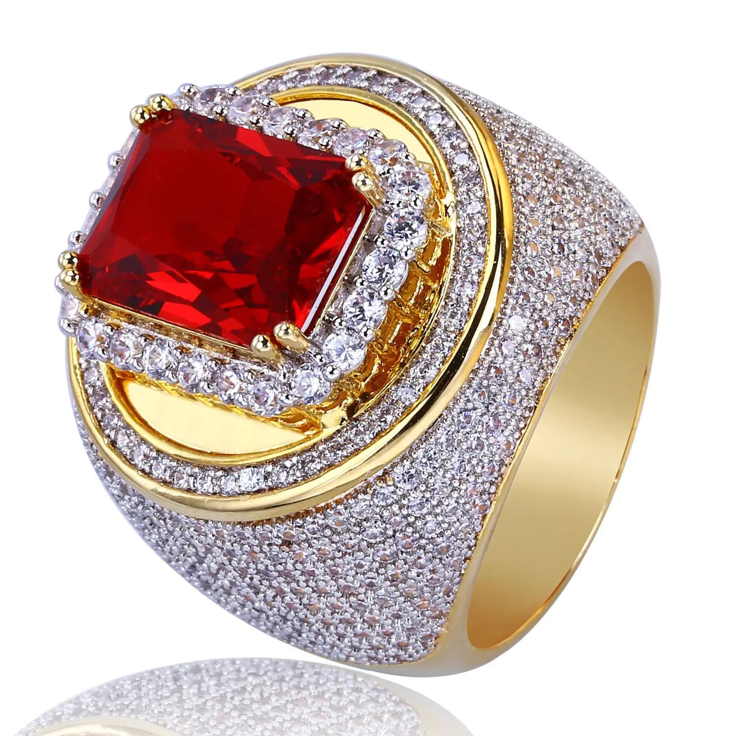 Ruby Cz gold filled statement ring featuring a gold-toned band with a prominent rectangular red gemstone surrounded by clear crystals and pave-set diamonds in an intricate design.