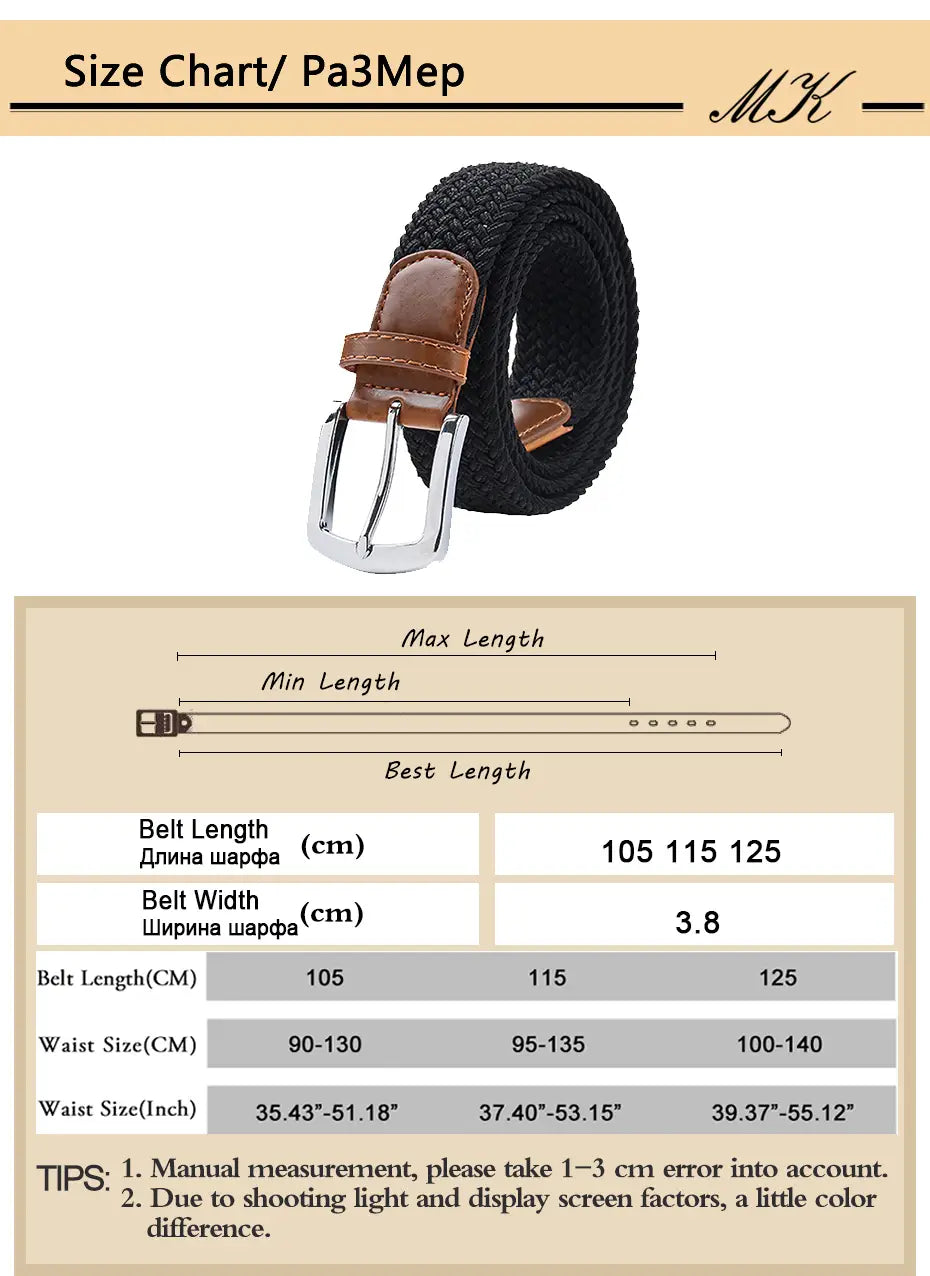 Maikun men’s woven elastic casual belt in black with a brown leather tab and silver toned buckle.