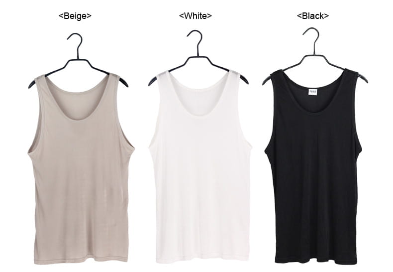 Men silk blend tank top casual o neck vest in beige white and black sleeveless styles displayed on hangers.
