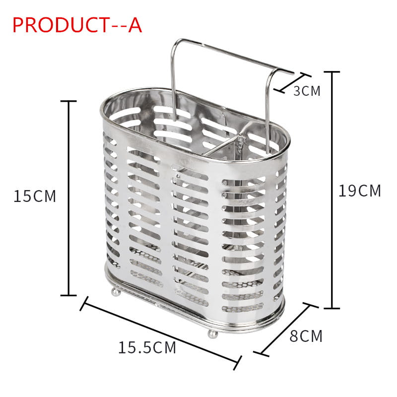 Silver stainless steel mesh basket with handle and small feet designed as a cutlery and utensil storage rack