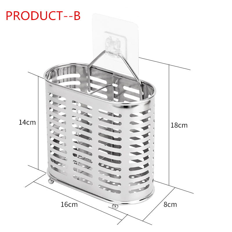 Stainless steel cutlery and utensil storage rack featuring an oval-shaped basket with a handle and adhesive mounting pad for kitchen organization.