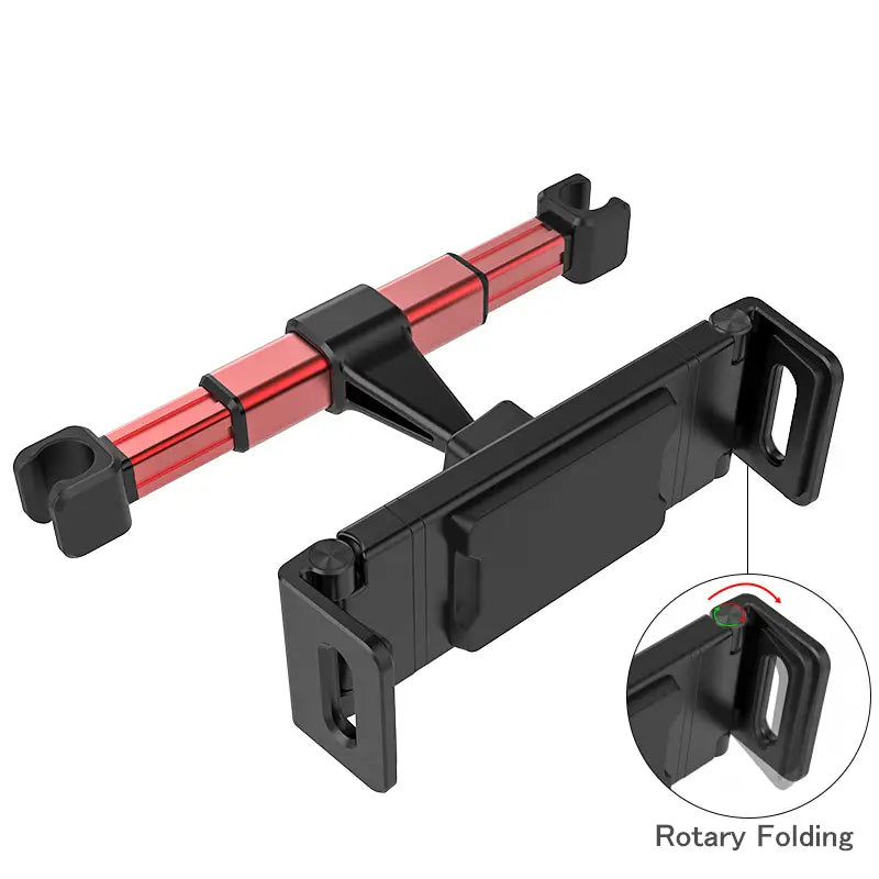 Rote und schwarze Tablet-Autohalterung mit Dreh-Faltmechanismus, ausgelegt für die Montage an der Kopfstütze für Geräte von 4,7 bis 13 Zoll.