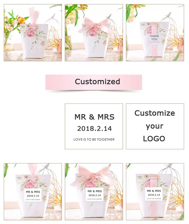 Boîte de faveur de mariage en papier blanc avec motif floral rose délicat et nœud en ruban de satin assorti, provenant d’un lot de boîtes de faveur de mariage en papier floral rose de 50
