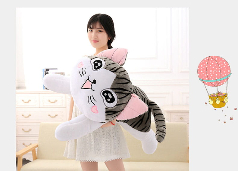 a cheese cat soft animal plush toy featuring a plush cat pillow with a white face, black and gray striped body, pink inner ears, and embroidered facial features, ideal as a soft animal doll.